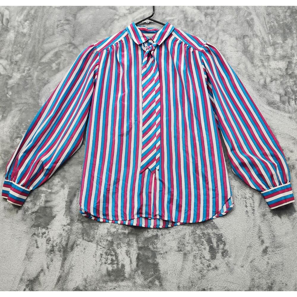 Vintage The Villager Top Womens 16 Pink Blue White Striped Tie Neck Button Front